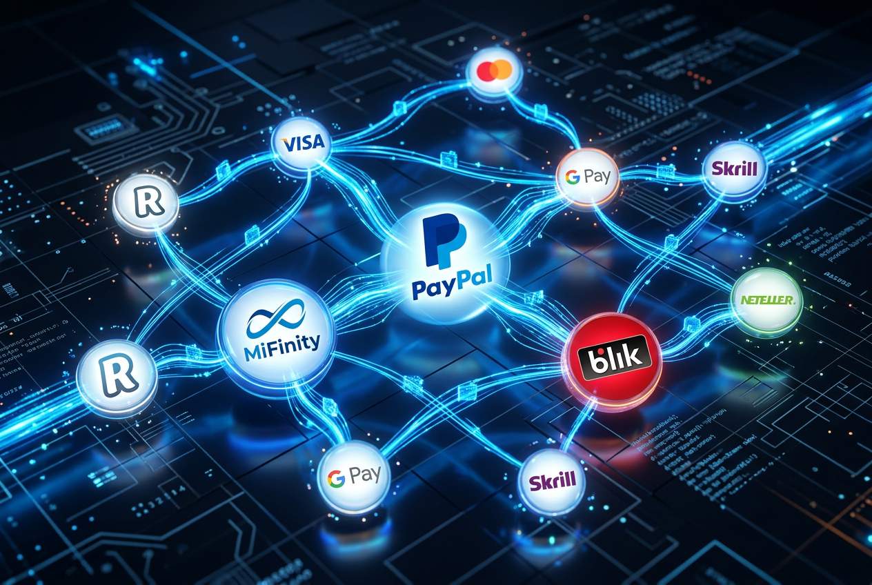 Ilustracja różnych portfeli elektronicznych i bezpiecznych transakcji cyfrowych