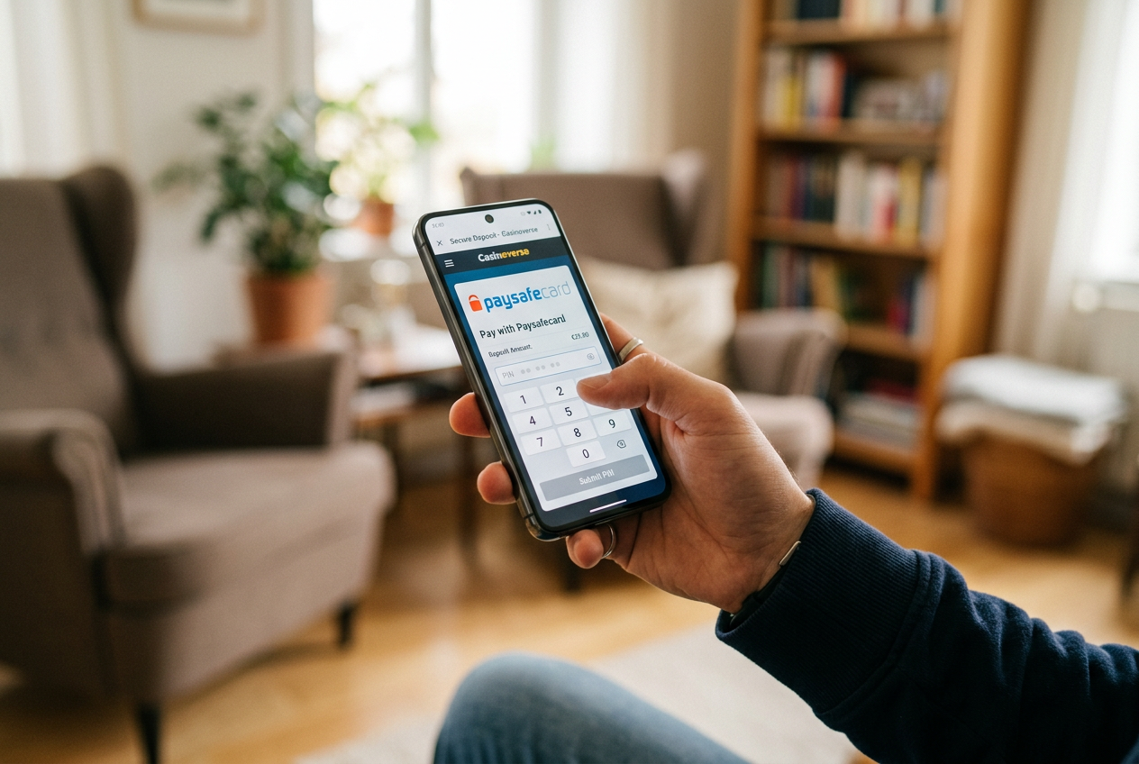 Osoba wpisująca kod Paysafecard na smartfonie w aplikacji kasyna online