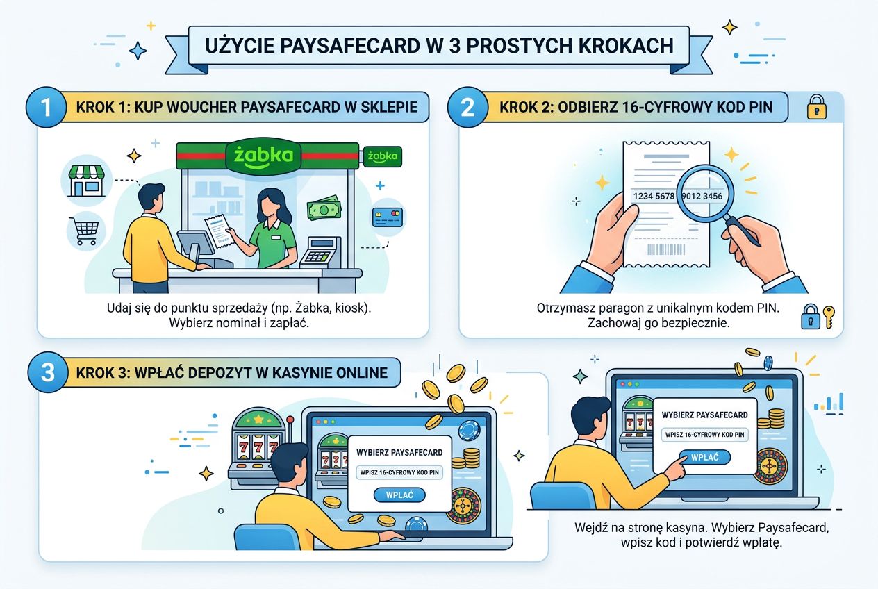 Infografika przedstawiająca proces zakupu i realizacji kodu Paysafecard w kasynie online