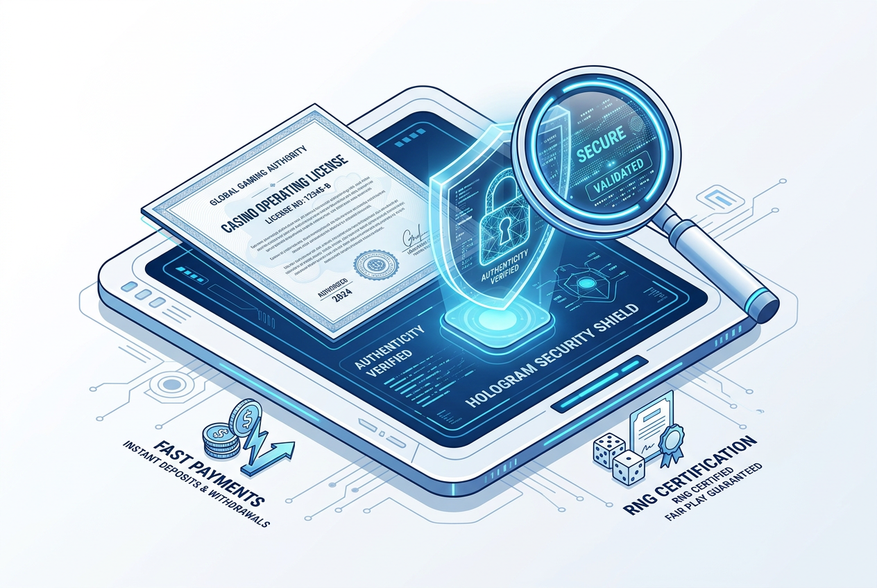Infografika przedstawiająca proces weryfikacji licencji i bezpieczeństwa kasyna online